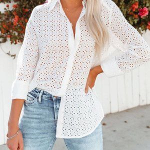 DOLORES COTTON EYELET BUTTON DOWN TOP - WHITE